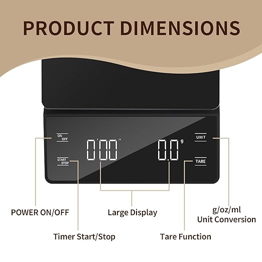 3kg/0.1g High Precision Coffee Scale, Espresso Scale with Timer, Backlit LCD Display, Tare Function, and Unit Conversion for Espresso, Pour Over, Drip Brewing