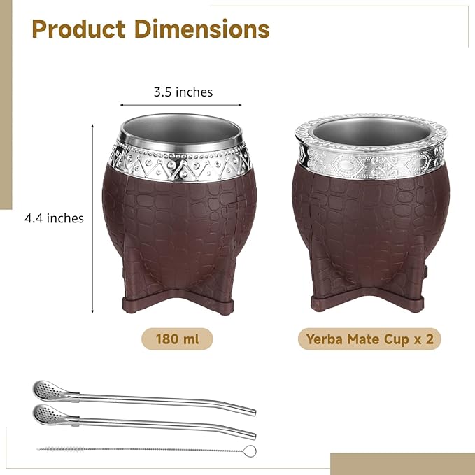 2PCS Yerba Mate Cup, 6 oz Stainless teel Mate Cup with Straw, Double Wall Vacuum Insulated Yerba Mate Gourd for Traditional Mate Tea Drinking (Brown)