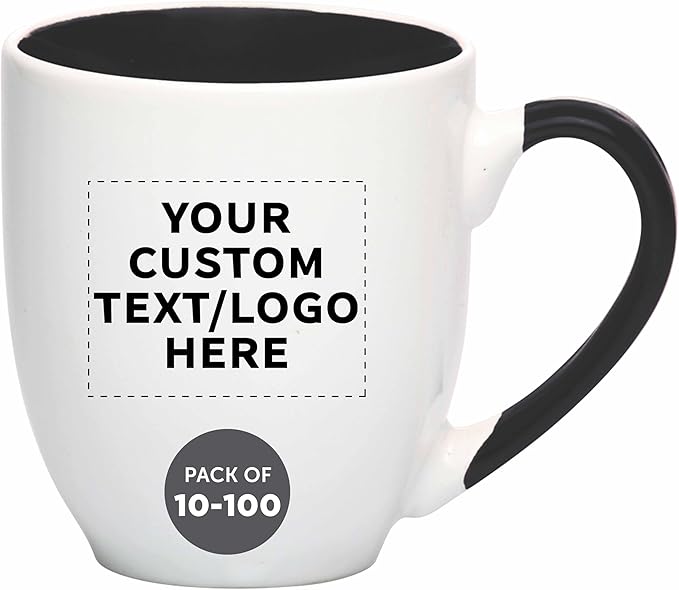 Custom Bistro Style Large Coffee Mugs 16 oz. Set of 10/50/100, Personalized Bulk Pack - Perfect for Coffee, Tea, Espresso, Hot Cocoa, Other Beverages - Black