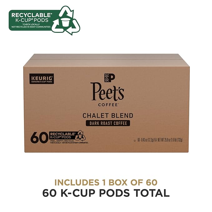 Peet's Coffee, Dark Roast Keurig K-Cup Pods, 100% Arabica Coffee - Chalet Blend 60 Count (1 Box of 60 K-Cup Pods)