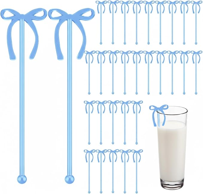 30 Pcs 6 Inch Valentine Party Stirrers, Bow Stir Sticks Coffee Stirrers Reusable Plastic Swizzle Sticks for Wedding Birthday Bridal Cocktail Decorations Galentines Supplies(Blue)