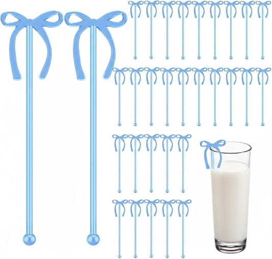 30 Pcs 6 Inch Valentine Party Stirrers, Bow Stir Sticks Coffee Stirrers Reusable Plastic Swizzle Sticks for Wedding Birthday Bridal Cocktail Decorations Galentines Supplies(Blue)