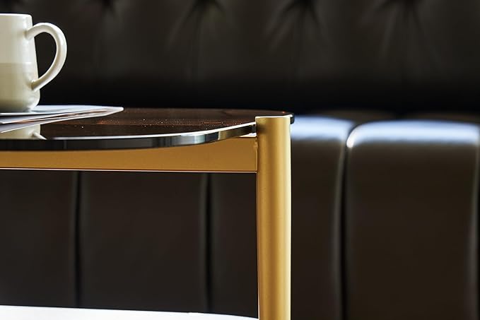 Shrine Oval Glass Coffee Table, Mid-Century Modern Design, Two-Tier Walnut MDF Rounded Corner Table, 41" D x 21" W x 17" H, Sleek Conical Metal Legs with Gold Finish