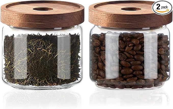 Glass Jars with Airtight Wood Lids - 12 oz Mini Kitchen Pantry Storage Containers, Stackable Decorative Canisters for Chia Seed, Sugar, Tea, Spice, Salt, Matcha, Nuts, Sauce, Cocoa powder, Set of 2