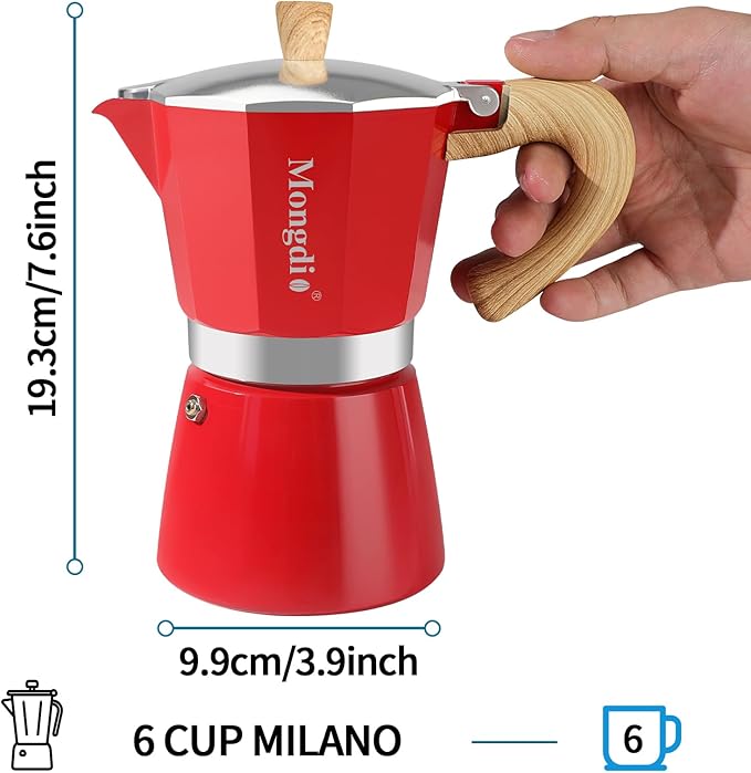 Mongdio Stovetop Espresso Maker Moka Pot, Cuban Coffee Maker Stove top coffee maker Moka Italian Espresso Greca Coffee Maker Brewer Percolator, 6 Espresso Cups, 10 oz - Red