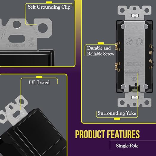 ENERLITES Double Paddle Rocker Decorator Switch, Gloss Finish, Ground Terminal, Clamp-Type Wiring, Copper Wires Only, Single Pole, Residential/Commercial Grade, 15A 120-277VAC, 62834-BK, Black