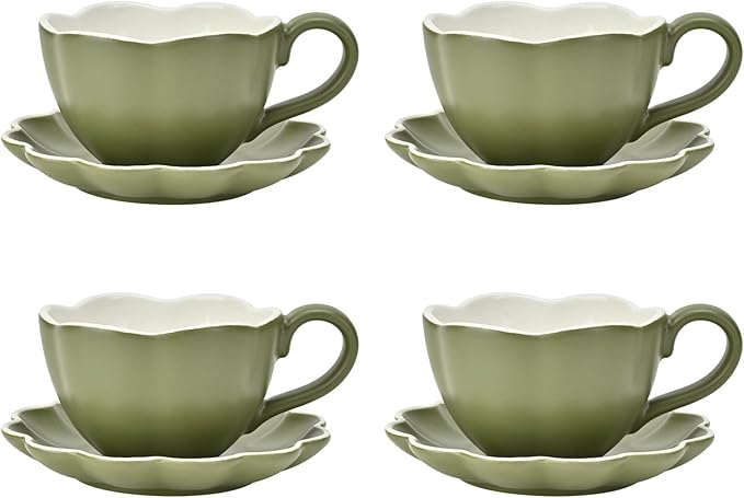 MyBudsBuzz Ceramic Espresso Cups with Saucers 6 oz,Coffe Cups for Cappuccino,Latte,Tea with Saucers Set of 4 - Flower - Vintage Green