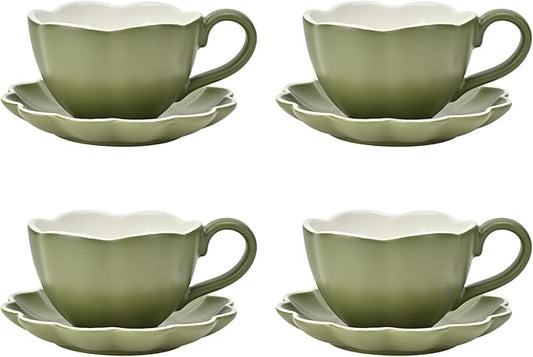 MyBudsBuzz Ceramic Espresso Cups with Saucers 6 oz,Coffe Cups for Cappuccino,Latte,Tea with Saucers Set of 4 - Flower - Vintage Green