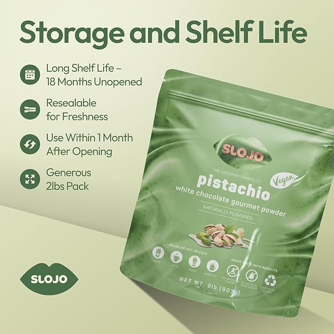 SLOJO Pistachio White Chocolate Powder - Premium Drink Mix for Hot & Cold Beverages, Gourmet Powder, Vegan, Drink Mix for Frozen or over Iced Frappes, Lattes, Iced Coffees, Milkshakes and Desserts, 14-Pound Box