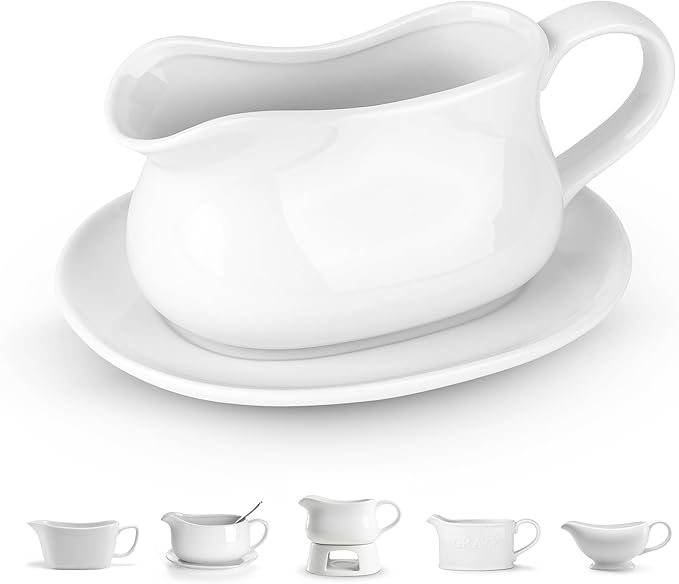 Kook Gravy Boat & Saucer, 17 oz, Ceramic Serving Dish, Dispenser with Tray for Sauces, Dressings and Creamer, Large Handle, Microwave and Dishwasher Safe, White (Classic Gravy Boat)