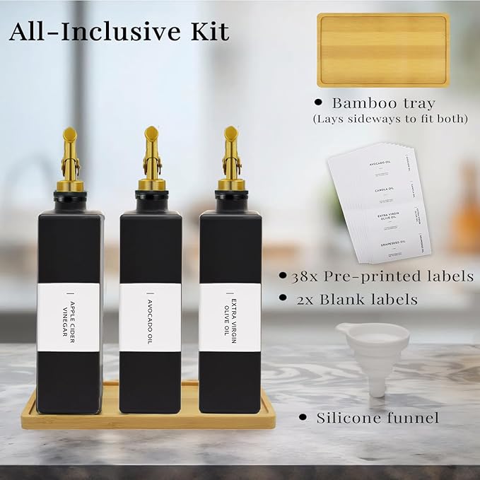 Olive Oil Dispenser Bottle for Kitchen with Bamboo Tray- Glass Oil and Vinegar Dispenser Set 16.9oz, Soy Sauce & Syrup Bottle, Modern Hostess Gift (Black, 16.9oz, Set of 3)