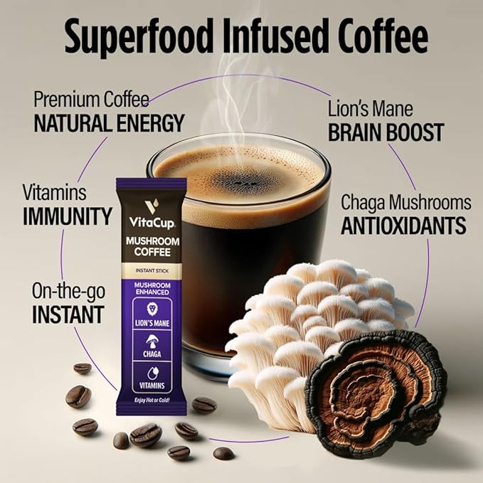 VitaCup Mushroom Coffee Instant Packets, for Memory & Clarity Support, w/Fiber, Chaga, Lion’s Mane, D3, B Vitamins, Medium Roast, 100% Arabica & Robusta Coffee in Single Serve Sticks, 72 Ct