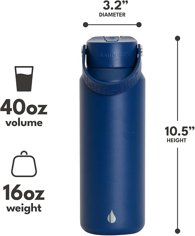 Elemental 40oz Insulated Water Bottle with Straw - 100% Leak-Proof Stainless Steel Core Water Bottles for Travel, Sports and Gym - Double Wall Insulation & BPA Free - Navy