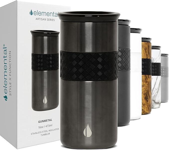 Elemental Artisan Insulated Tumbler, Triple Wall Coffee Travel Mug, Reusable Stainless Steel Coffee Tumbler with Ceramic Lid, Thermal Coffee Cups for Hot (6 Hrs) & Cold (18 Hrs), 16oz - Gunmetal