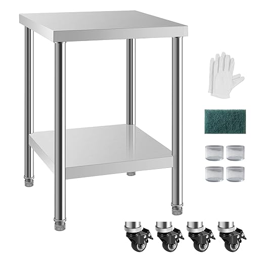 NSF Stainless Steel Table for Prep & Work with Caster 24x24 Inches, Metal Commercial Kitchen Table with Under Shelf and AdjustableTable Foot for Restaurant, Home and Hotel