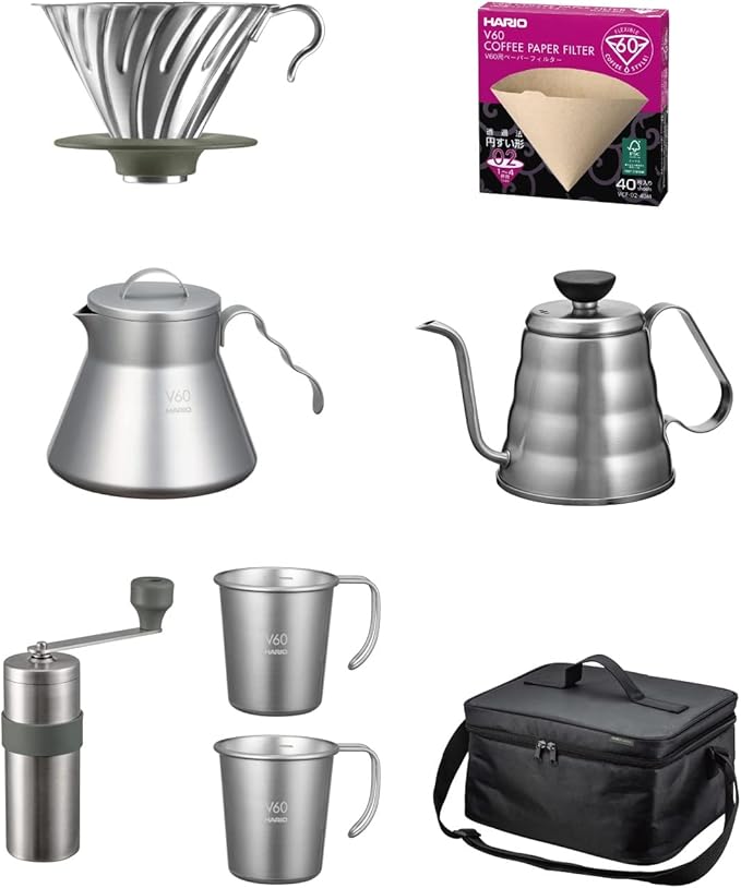 Hario Outdoor V60 Pour Over Full Set with Carry Bag | Kettle, Grinder, Dripper, Server, Mugs & Filters