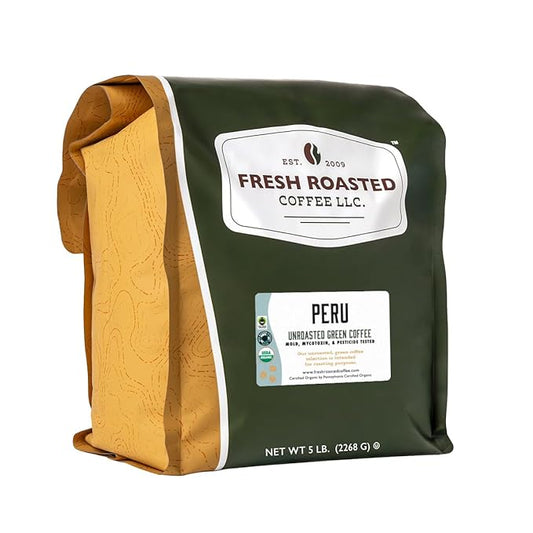 Fresh Roasted Coffee, Unroasted Organic Peru | USDA Organic, 100% Single Origin, Kosher | 5 Pound