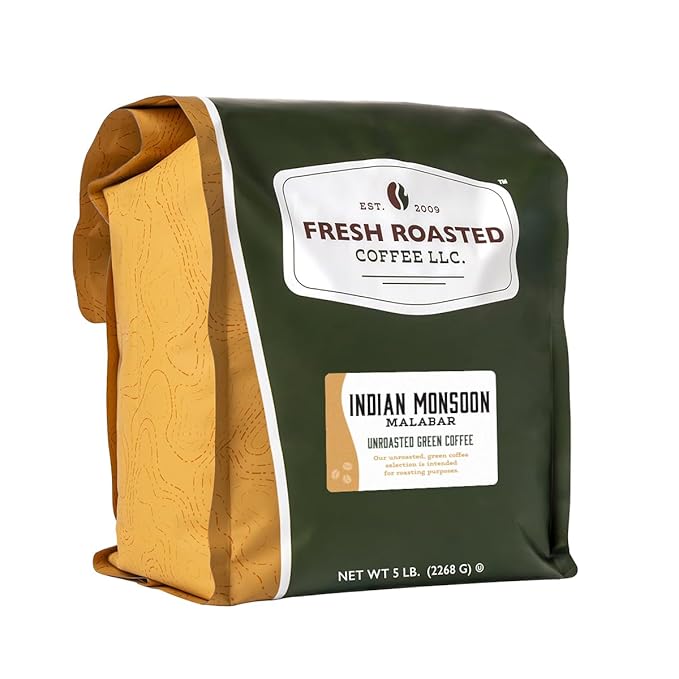 Fresh Roasted Coffee, Unroasted Indian Monsoon Malabar, Kosher, 5 Pound