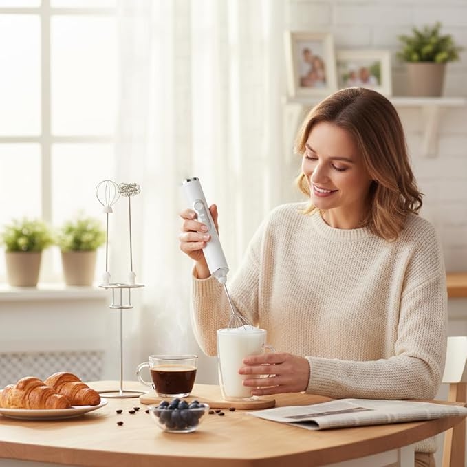Handheld Milk Frother, 3 Heads ， Milk Frother Rechargeable, 3 Speed Adjustable Coffee Mixer Electric Handheld, Electric Whisk With Stand for Powder Drinks,Rechargeable Frother with Stand