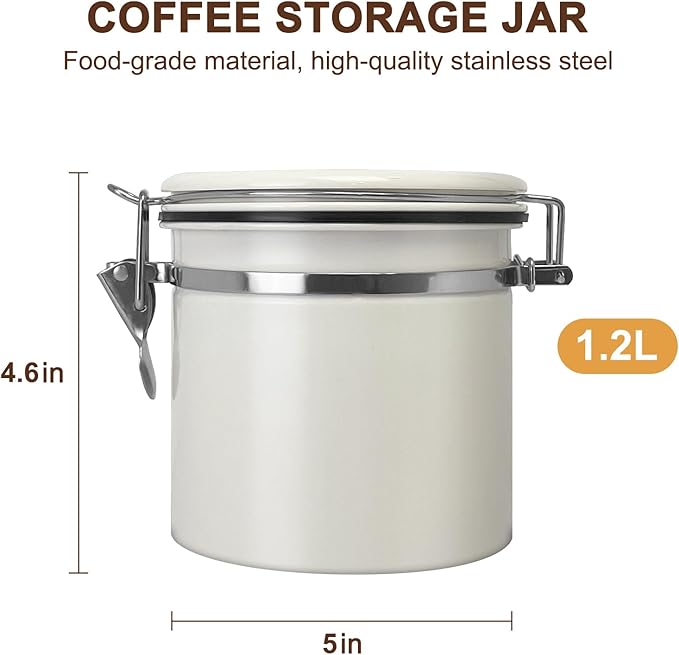 1.2L Airtight Vacuum Coffee Canister, Stainless Steel Storage Container for Coffee Beans and Grounds with Scoop.Suitable for coffee powder, coffee beans, rice, tea leaves, sugar, flour, and grains