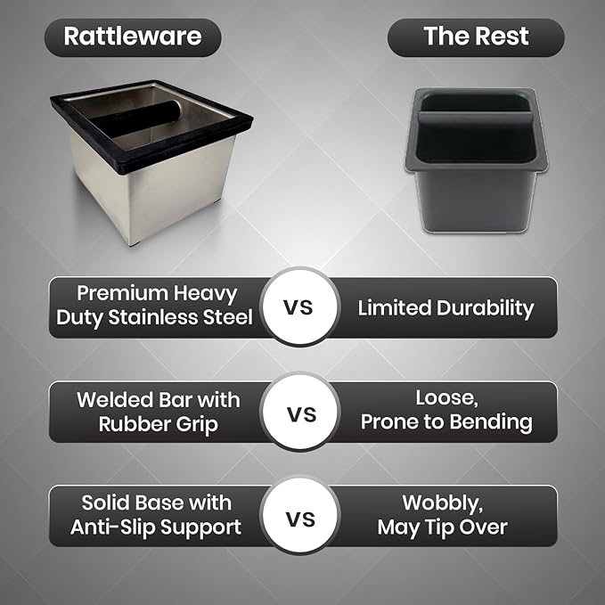 Rattleware Heavy-Duty Stainless Steel Knock Box Espresso Puck Disposal with Welded Bar Splash Guard, Ideal for Home, Cafe, Restaurant, Hotel, Coffee Bar, or Espresso Station (6" x 5.5" x 4")