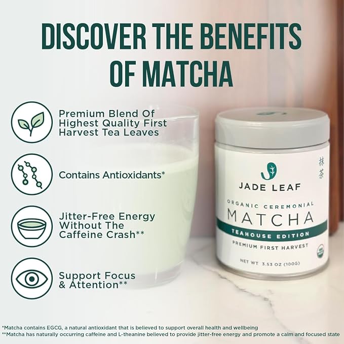 Jade Leaf Matcha Organic Premium Ceremonial Grade Matcha Green Tea Powder - Japanese - Culinary, Ingredient, Ceremonial Barista Teahouse, Latte, Collagen, 16 Ounce (Pack of 1), Ceremonial Barista