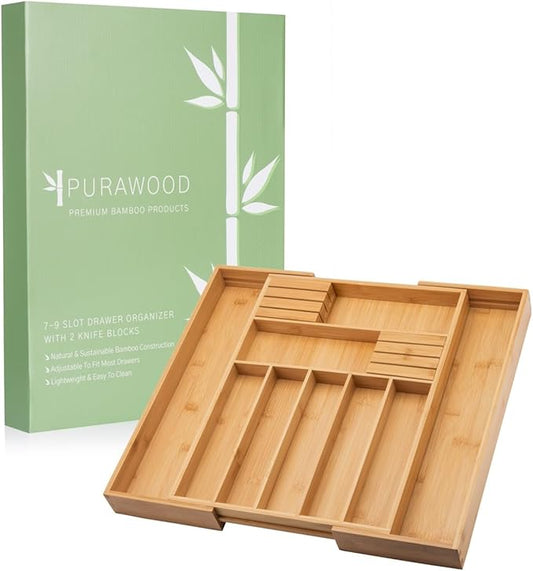 Bamboo Drawer Organizer with Knife Blocks - Silverware Organizer & Utensil Drawer Organizer, Cutlery Tray with Dividers, 7-9 Slots- Premium Kitchen Organizer for Utensils & Flatware (Natural)