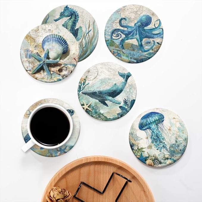 Coasters for Drink Set of 6,Vintage Marine Animal Absorbent Coasters Round Cork Bases Ceramic Coasters,Coastal Beach Coasters for Indoor/Outdoor Bar Decor,Wooden Dining Tables,Coffee Tables,4 in