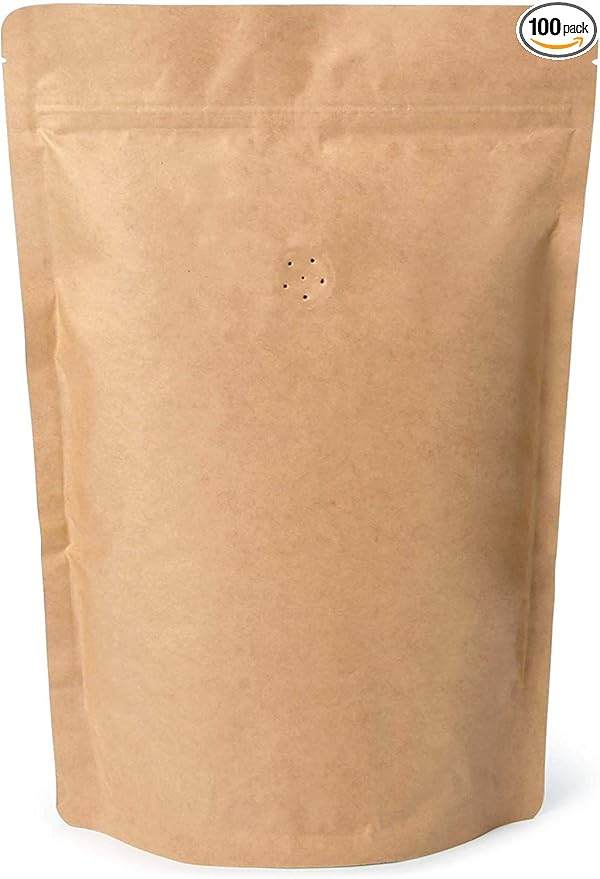 16oz Coffee Bags 100 Pieces - High Barrier Natural Kraft Paper Stand up Ziplock Pouches Bags with Valve & Zipper (100 Pcs, 16 Ounce/454-500 Gram/1 lb)