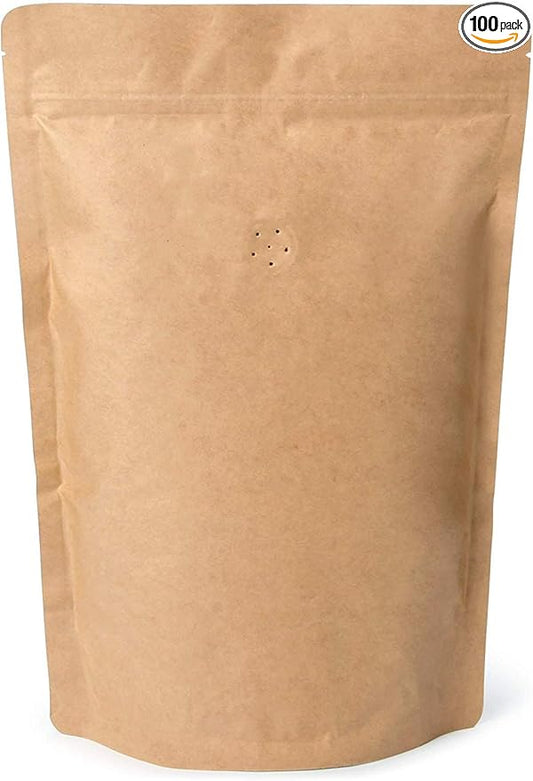 16oz Coffee Bags 100 Pieces - High Barrier Natural Kraft Paper Stand up Ziplock Pouches Bags with Valve & Zipper (100 Pcs, 16 Ounce/454-500 Gram/1 lb)
