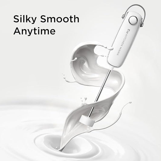 Kitchen Mama Silkwhisk Electric Milk Frother Handheld: Mini Drink Mixer, Stainless Steel, Cold Foam Maker, Frother Wand for Coffee, Cappuccino, Lattes, Protein Drinks, Battery Operated (Metal Gray)