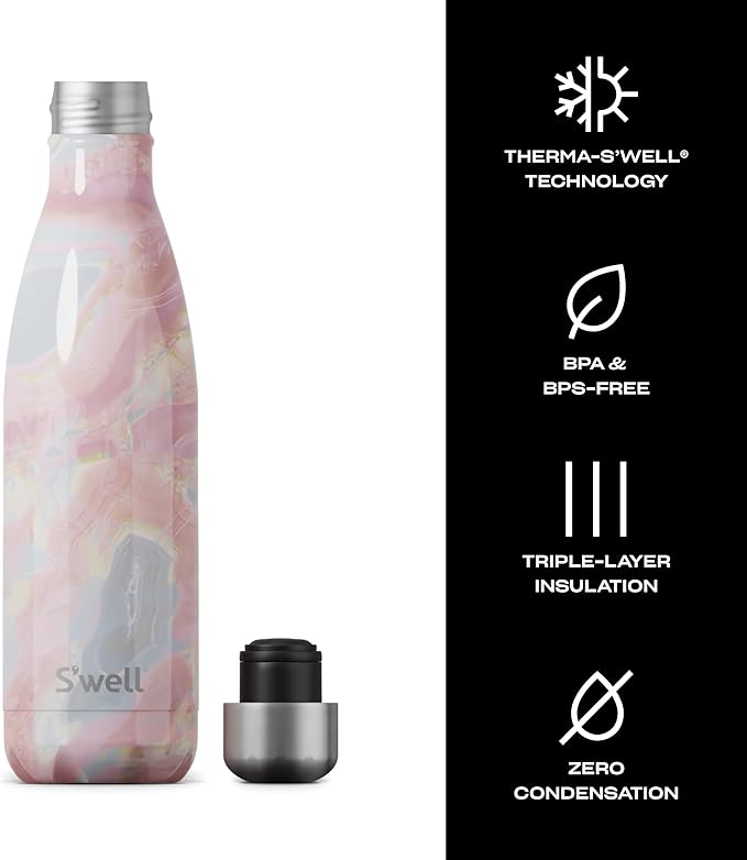 S’well Stainless Steel 17oz Water Bottle, Geode Rose Color, Triple-Layer Vacuum Insulated to Keep Drinks Cold 36 Hours and Hot 18 Hours, BPA Free