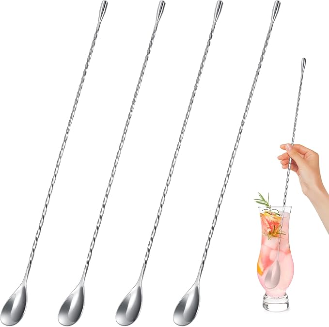 Roshtia 4 Pcs 15.7 Inches Bar Spoon Stainless Steel Cocktail Stirrer Mixing Spoon Spiral Pattern for Bar Cocktail Shaker Tall Cups(Silver)