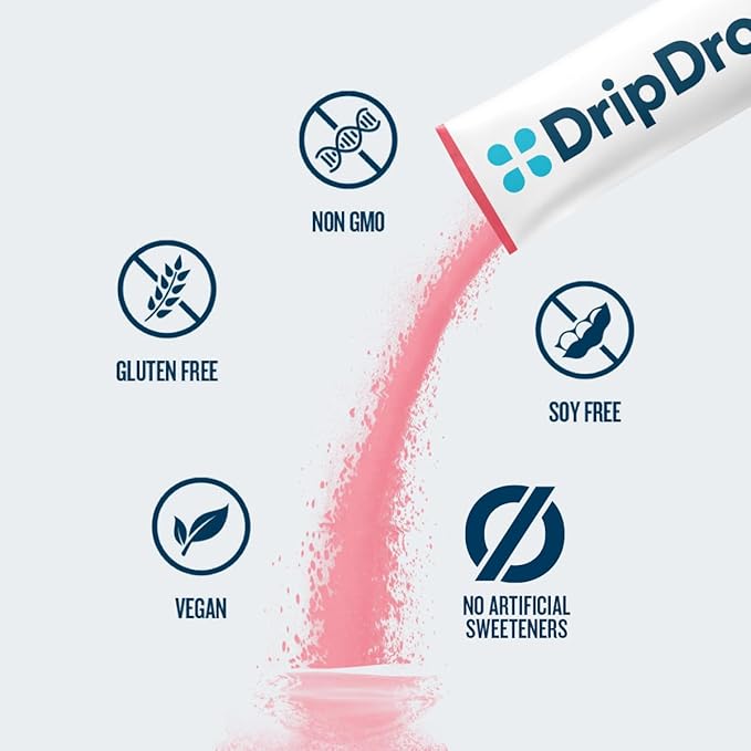 DripDrop Zero Sugar Plus - Sugar Free Hydration Packets - Single Serve Electrolytes Powder Drink Mix - Raspberry Lemonade, Watermelon, Tangerine, Tropical Punch - Non-GMO, Gluten Free, Vegan- 8 Sticks