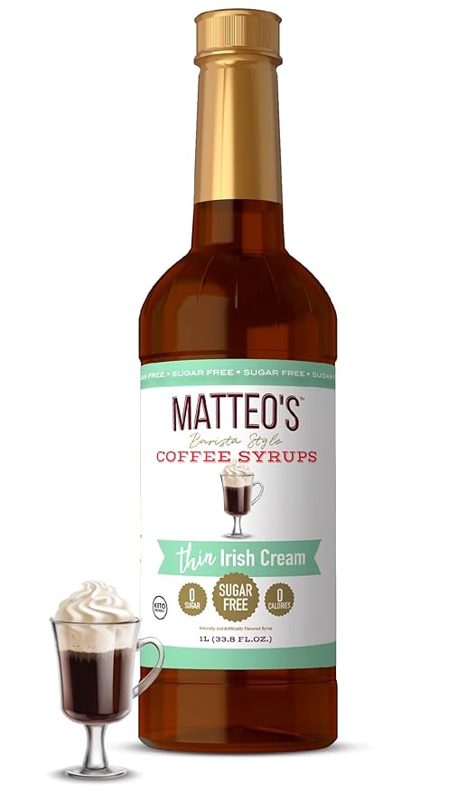 Matteo's Irish Cream Syrup for Coffee, Lattes, Cappuccinos & Desserts – Sugar-Free Sweetener for Beverages, Keto Friendly, Zero Calories, Indulgent Flavor, Non-Alcoholic, 33.8oz (1pk)