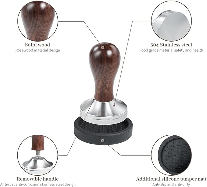 USEAMIE Coffee Tamper Espresso Press with Tamper Mat 304 Stainless Steel Flat Base Wooden Handle for Coffee Grounds Barista Espresso Machines Accessory (51MM)