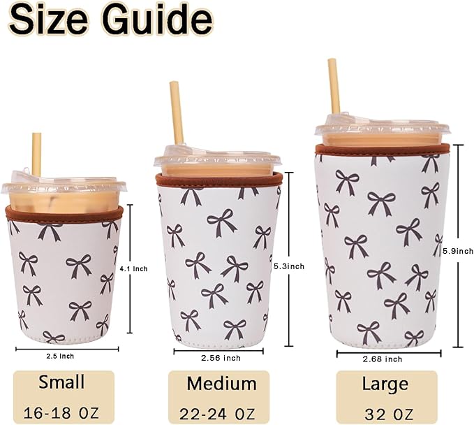 Reusable Insulated Sleeve for Iced Coffee Cup, Coffee Neoprene Sleeve for Cold & Hot Drinks, Beverage Holder for Iced Coffee (Cream Bow, Small: 16-18oz)
