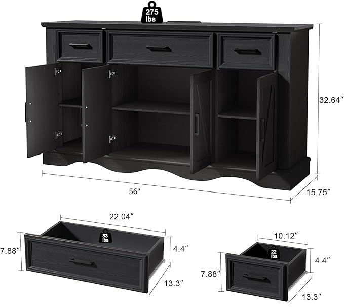 56" Buffet Cabinet with Storage, Farmhouse Sideboard Buffet with 3 Drawers and 4 Doors, Wood Coffee Bar Cabinet with Adjustable Shelves, Sideboard Storage for Kitchen, Living Room, Entryway, Black