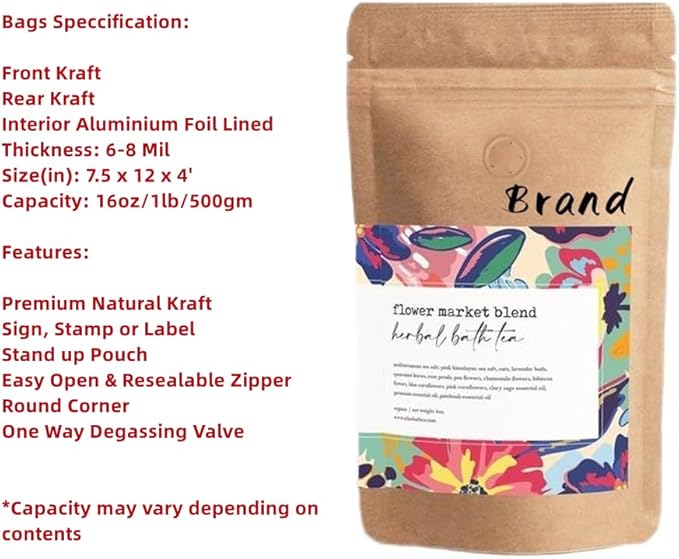 16 Ounce 50 Pieces Coffee Bags with Ziplock - High Barrier Natural Kraft Paper Stand up Coffee Pouches with Air Release/One Way Degassing Valve & Reusable Zipper (50, 16oz/1lb/500gm)