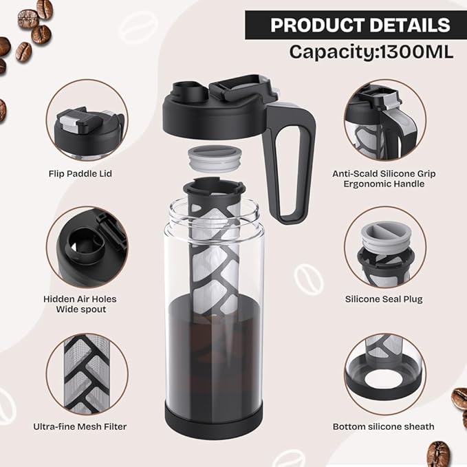wedrink 44oz Cold Brew Coffee Maker, 1.3L Borosilicate Glass Pitcher with Leak Proof Tritan Lid, Iced Tea Brewer
