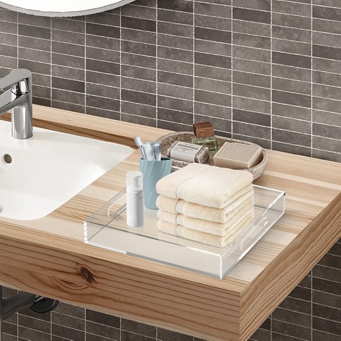 Acrylic Serving Tray (12x12x2Inch) with Handles -Spill Proof- Clear Decorative Tray for Appetizer,Breakfast -Countertop Organizer Storage Tray for Kitchen,Bathroom,Living Room