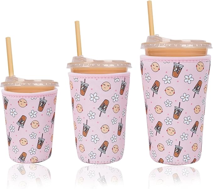 Reusable Insulated Neoprene Iced Coffee Cup Sleeve, Durable Drink Sleeve for Cold Beverages, Beverage Holder for Iced Coffee, Pink Coffee