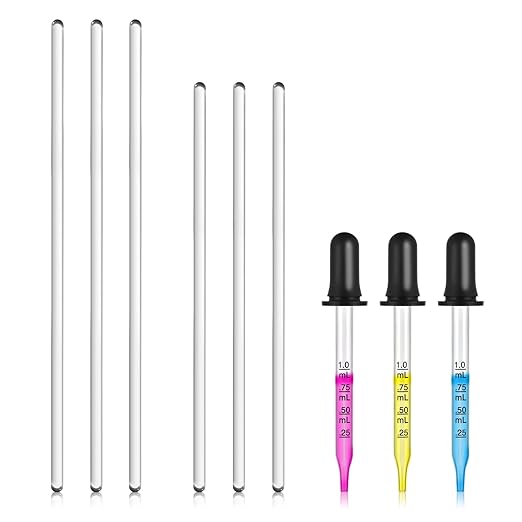 6PCS Glass Stir Sticks Lab Glass Stirring Rod 8"X2 10"X2 with Both Ends Round and 3PCS Glass Graduated Droppers 4"X2 for Science Lab Kitchen Science Education (9)