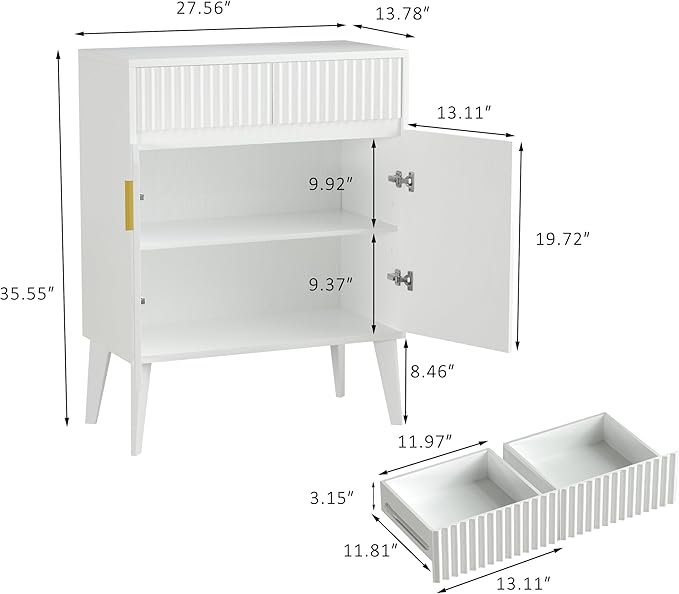 Sideboard Storage Cabinet with 2 Drawers & 2 Doors, Fluted Kitchen Buffet Cabinet with Adjustable Shelves, Coffee Bar Station for Living Room, Entryway, 13.8 x 27.6 x 35.6 Inches, White