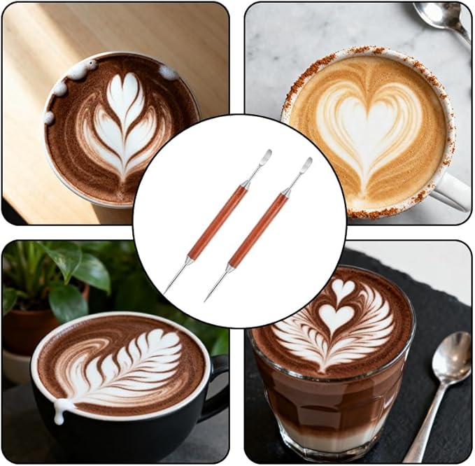 4Pcs Latte Art Pen - Stainless Steel Double Ended Barista Tools with Wood Handle for Creating Art in Home Kitchens and Coffee Design