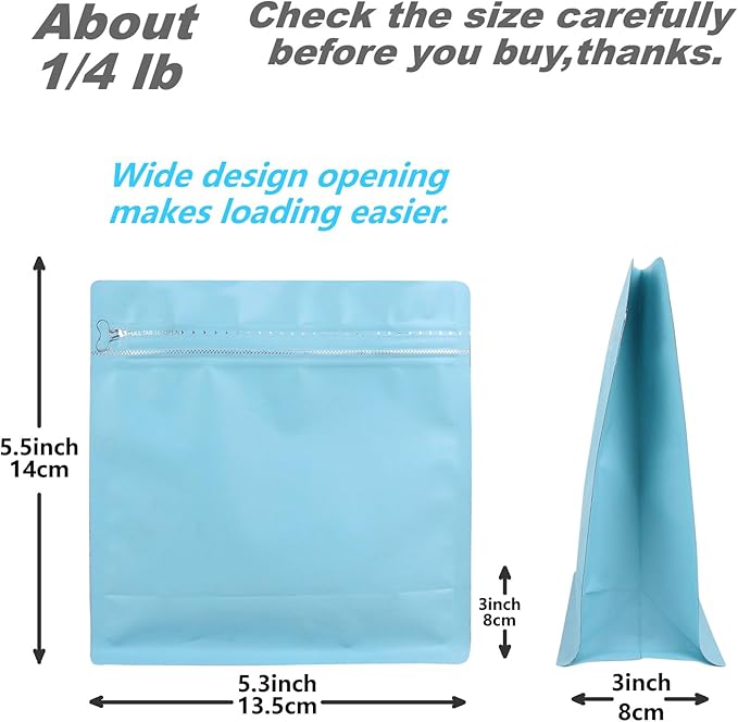 60 Pack High Barrier Stand-Up Coffee Bean Bags with Vented Valve Matte Metallic Heat-Sealable & Resealable Solid Color Pouches (Square,5.3 * 5.5 inch,1/4 lb,Daphne Blue)