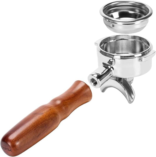 DIBTSA 58mm Espresso Portafilter Compatible with La Marzocco,Double Spouts 2 Ears, Stainless Steel Head and Filter Basket and Wood Handle