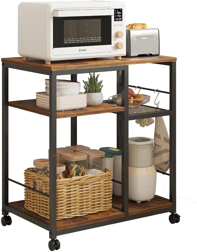Bakers Rack Kitchen Microwave Cart，Rolling Kitchen Cart with Lockable Wheels, 4-Tier Microwave Stand, Bakers Rack Island, Coffee Cart, Buffet Sideboard Cabinet for Office, Living Room