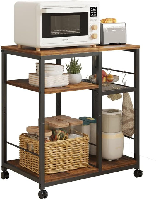 Bakers Rack Kitchen Microwave Cart，Rolling Kitchen Cart with Lockable Wheels, 4-Tier Microwave Stand, Bakers Rack Island, Coffee Cart, Buffet Sideboard Cabinet for Office, Living Room