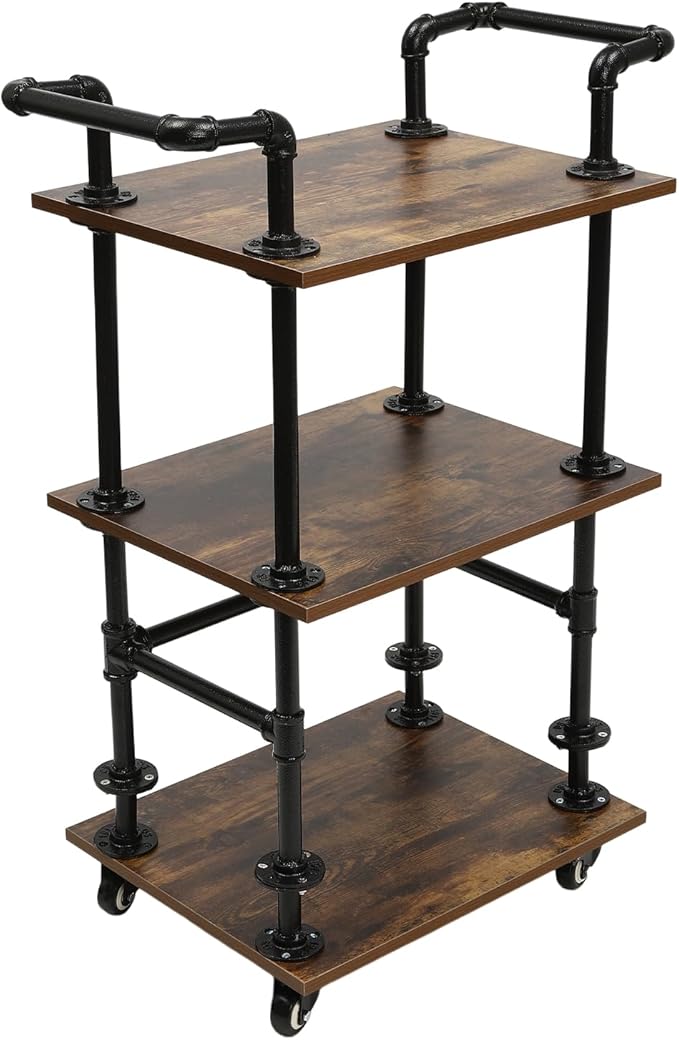 Industrial Bar Cart with Wheels, 3-Tier Rolling Kitchen Cart with Storage, Mobile Serving Cart for Wine Tea Liquor, Vintage Style for Home Bar Cafe